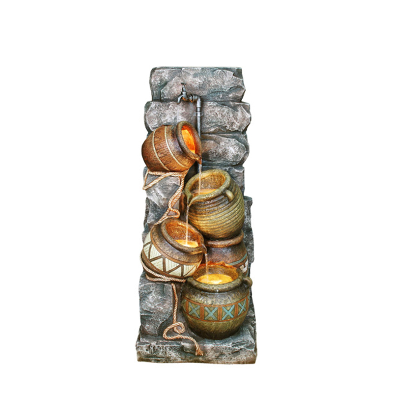 Polyresin Frame Fountain With Leveled Pot Pitchers, Gray And Brown- Saltoro Sherpi