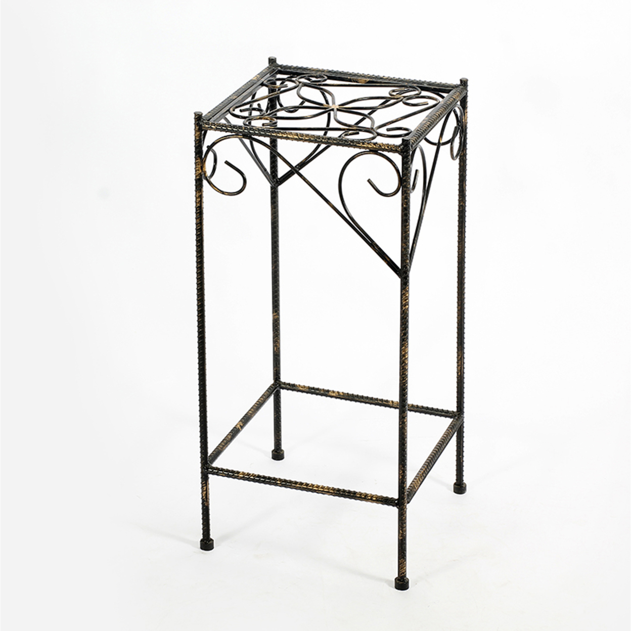 Scrolled Metal Frame Plant Stand With Square Top, Large, Black- Saltoro Sherpi