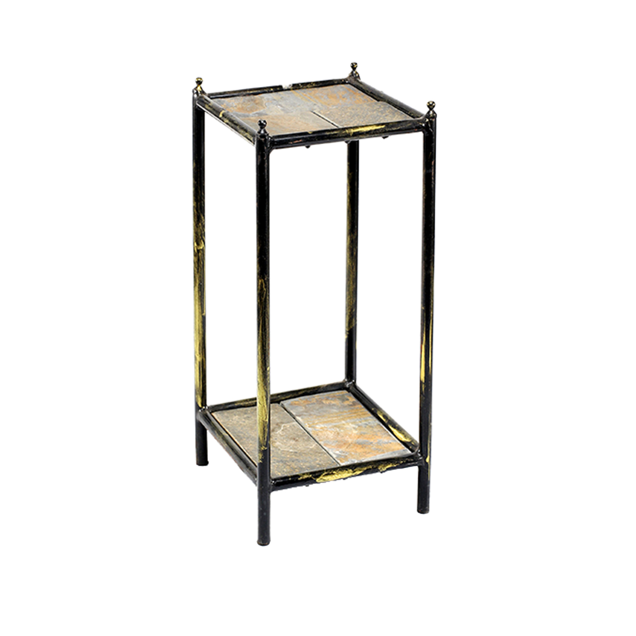 2 Tier Square Stone Top Plant Stand With Metal Frame, Small, Black And Gray- Saltoro Sherpi