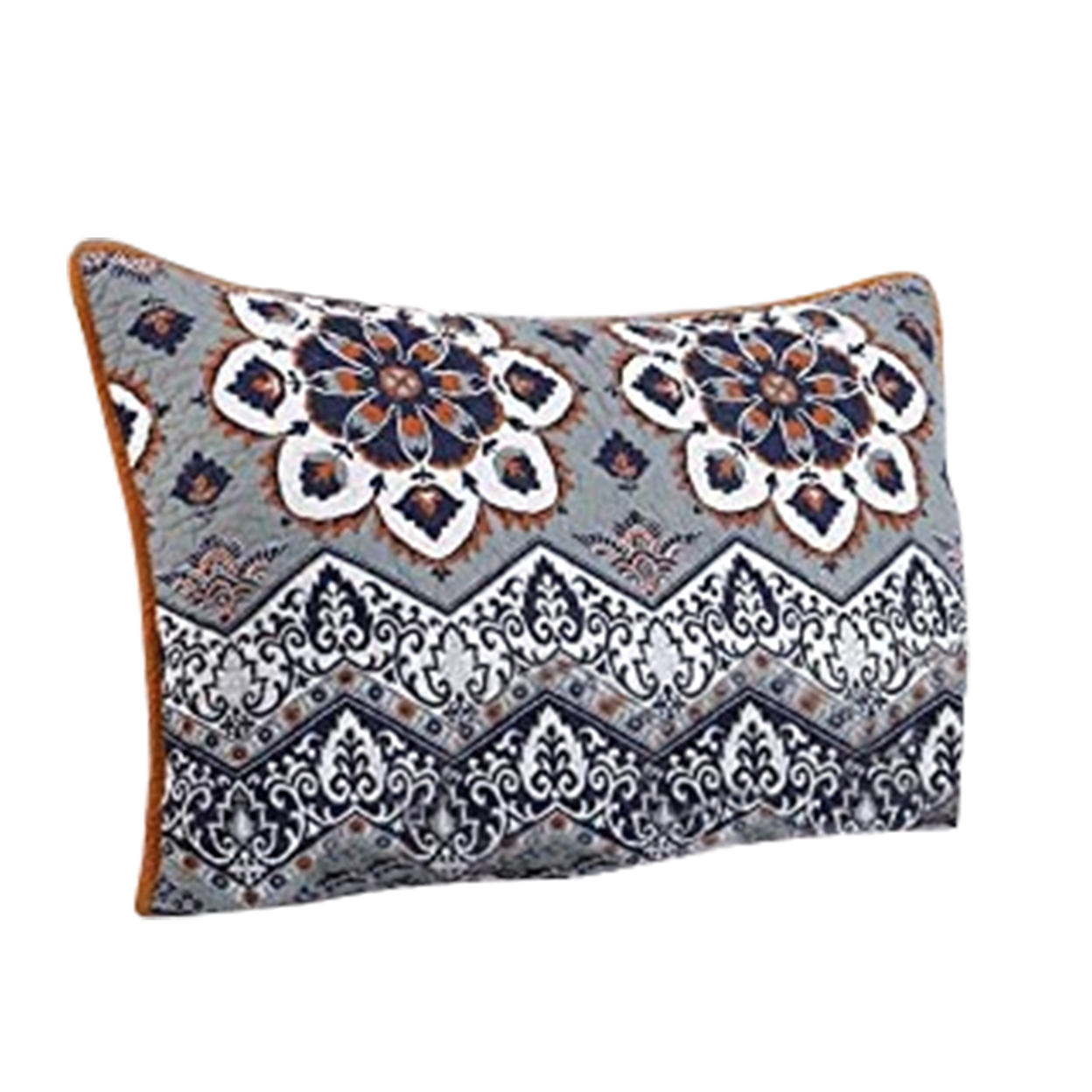 Damask Print Twin Quilt Set With Embroidered Pillows,Indigo Blue And Orange- Saltoro Sherpi