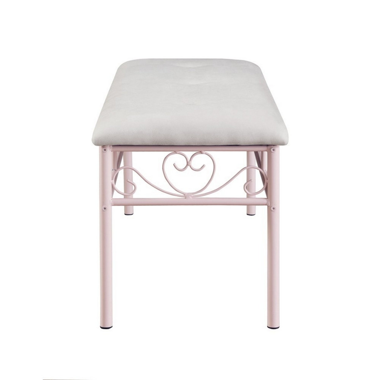 Metal Bench With Padded Seating And Scrolled Accents, Pink And Gray- Saltoro Sherpi