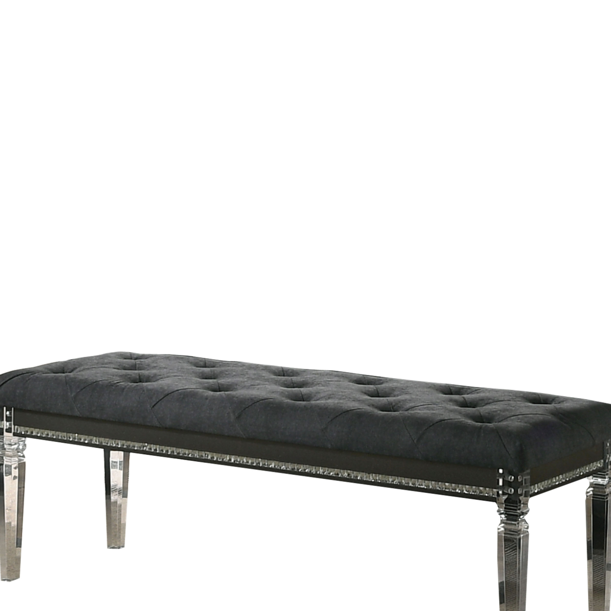 Faux Crystal Inlay Bench With Tufted Seating And Acrylic Legs, Dark Gray- Saltoro Sherpi
