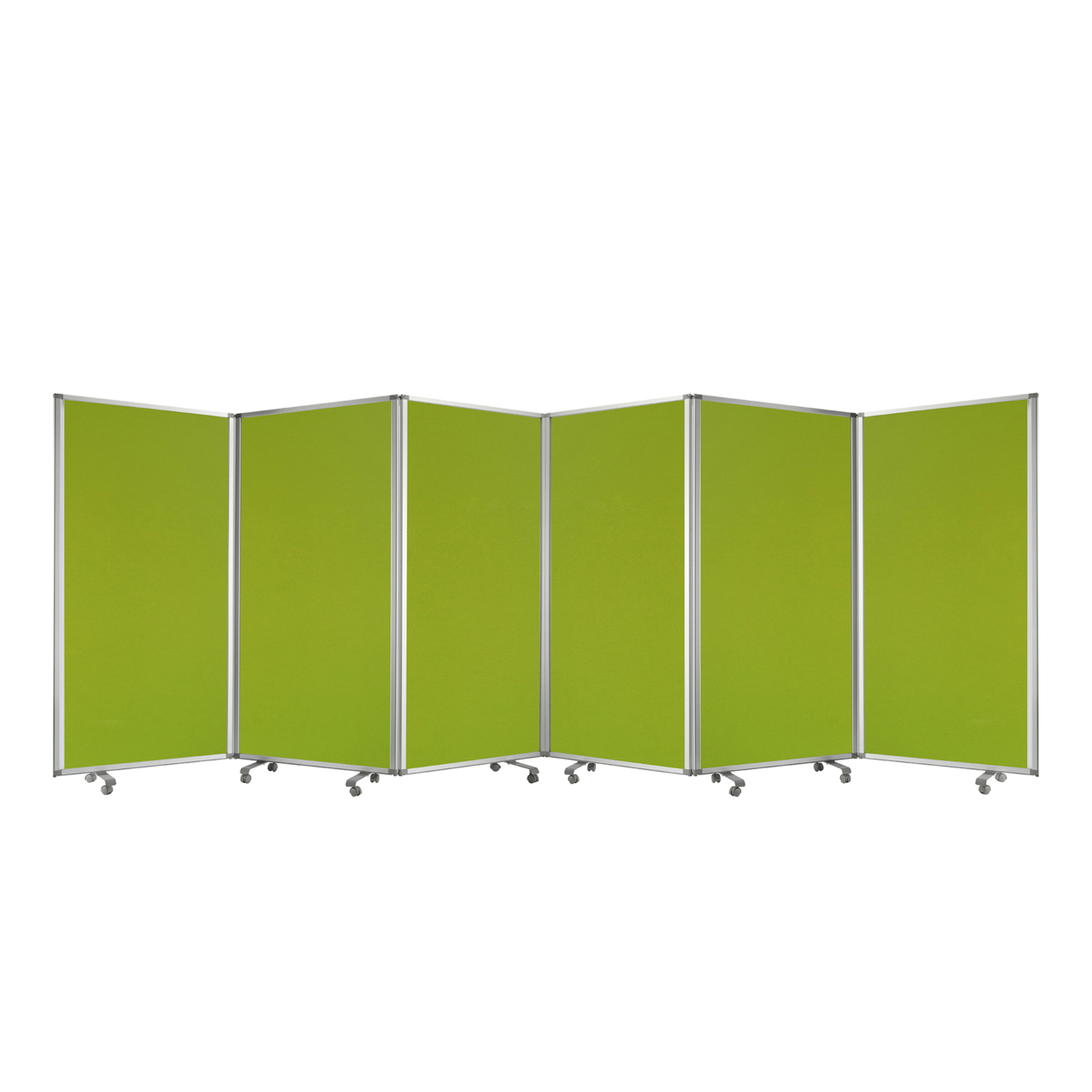 Accordion Style 6 Panel Fabric Upholstered Metal Screen With Casters, Green- Saltoro Sherpi