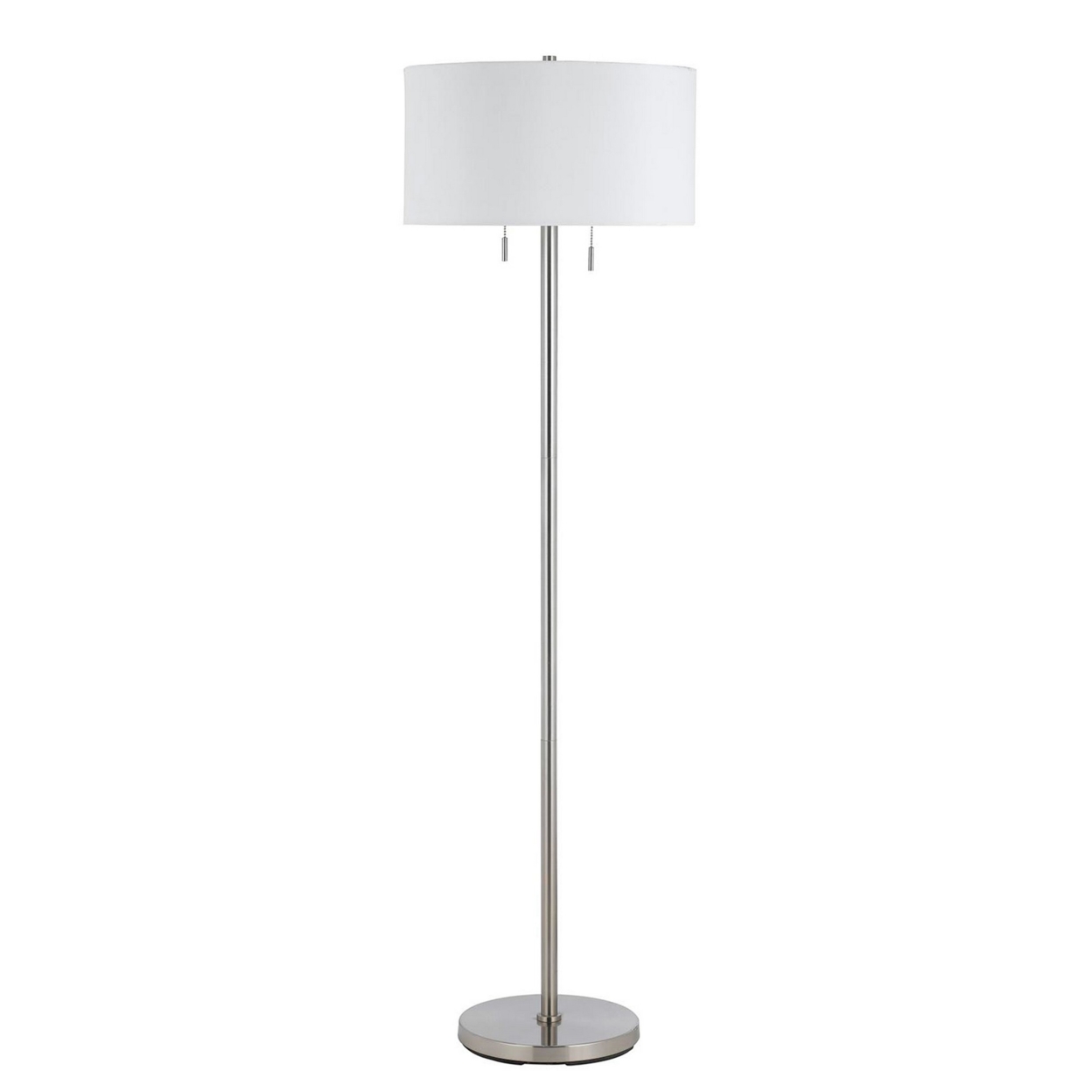 Metal Body Floor Lamp With Fabric Drum Shade And Pull Chain Switch, Silver- Saltoro Sherpi
