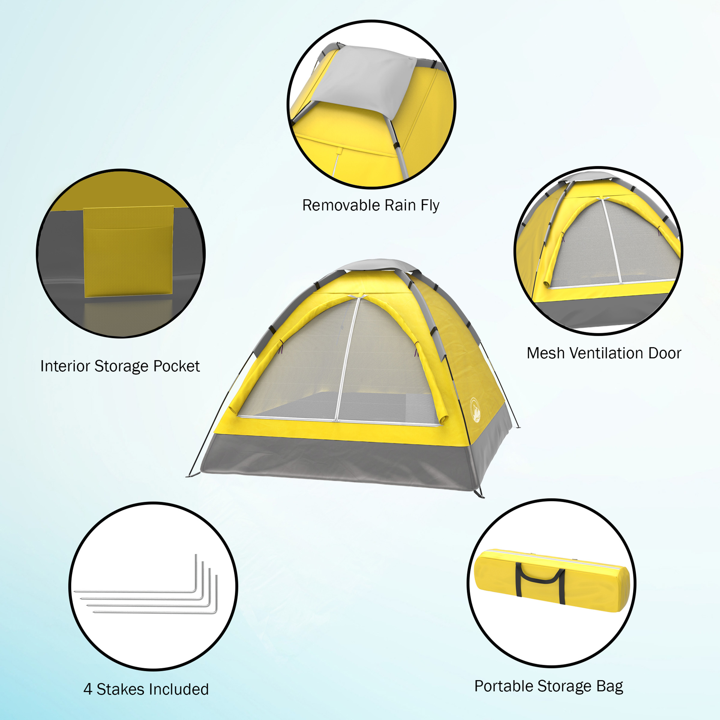 Camping Sleeping Tent Two Person 2 Man Yellow Tent Carry Bag Kids Adult Camping Easy Assembly