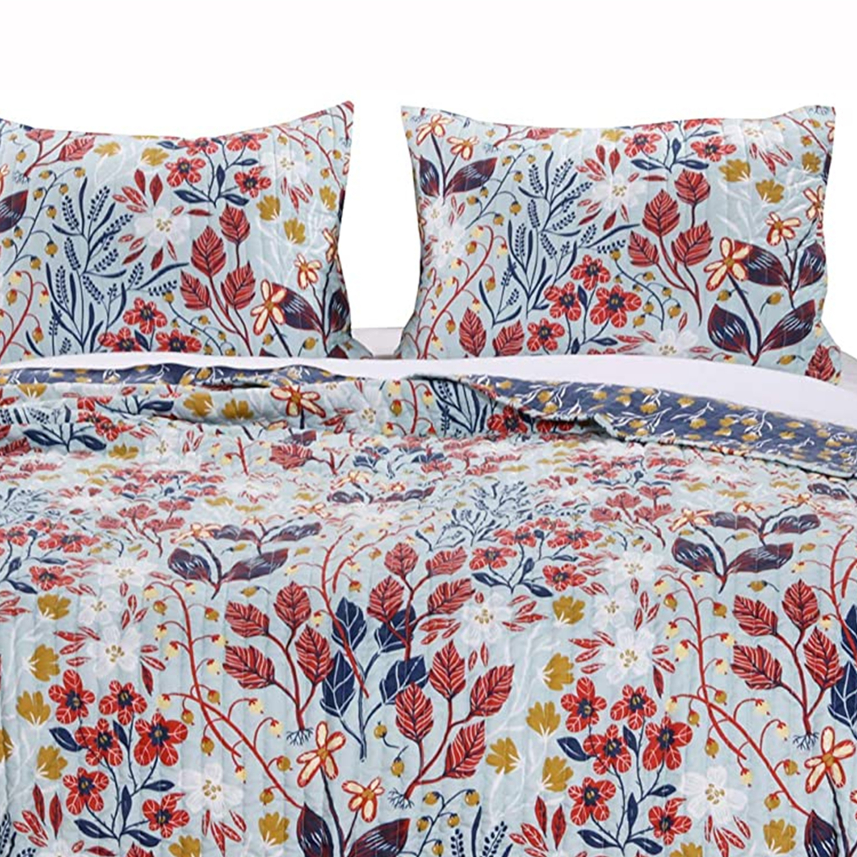 Twin Size 2 Piece Polyester Quilt Set With Floral Prints, Multicolor- Saltoro Sherpi
