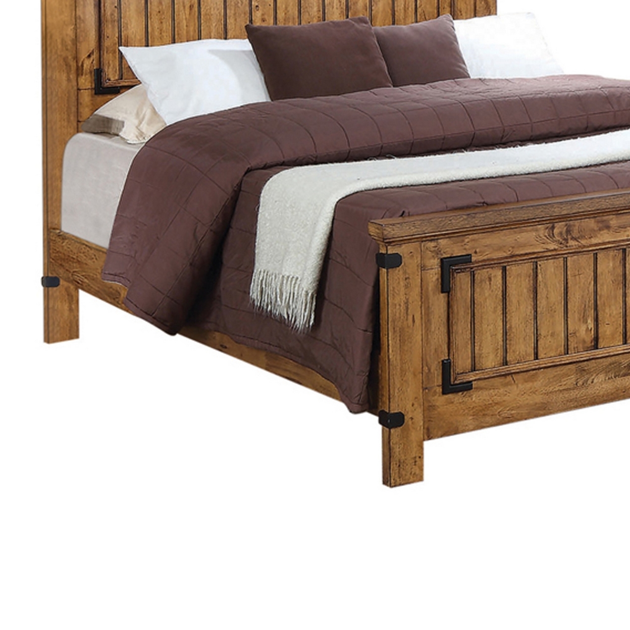 Cottage Style Full Bed Plank Detailing And Metal Accents, Brown- Saltoro Sherpi