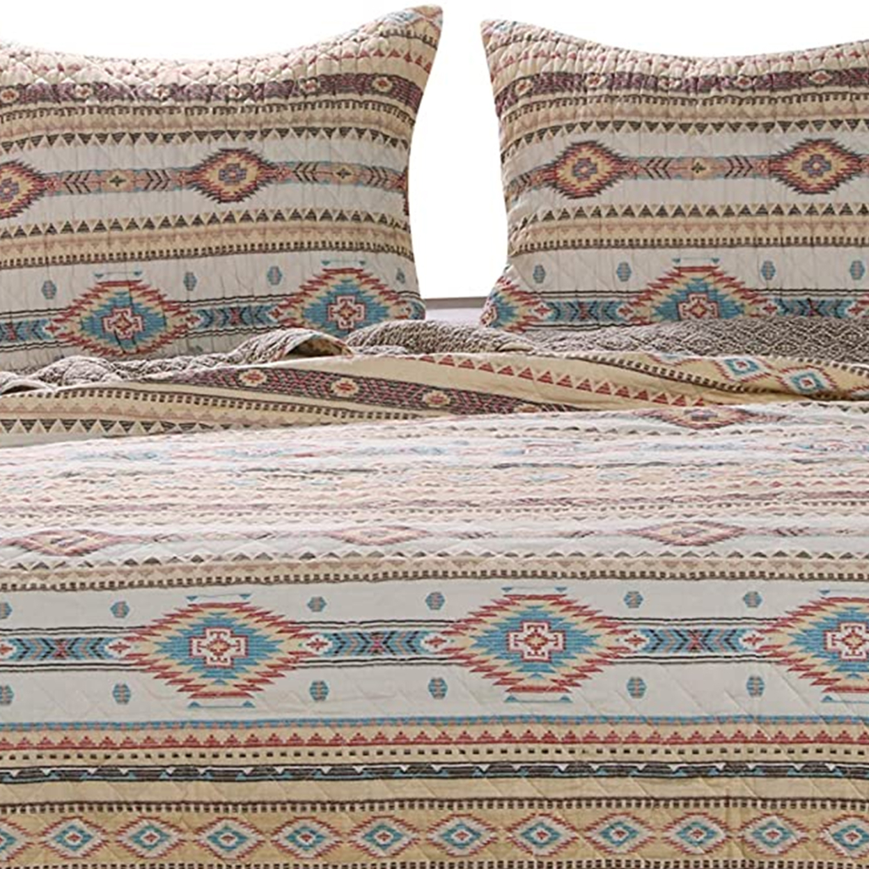 King Size 3 Piece Polyester Quilt Set With Kilim Pattern, Multicolor- Saltoro Sherpi