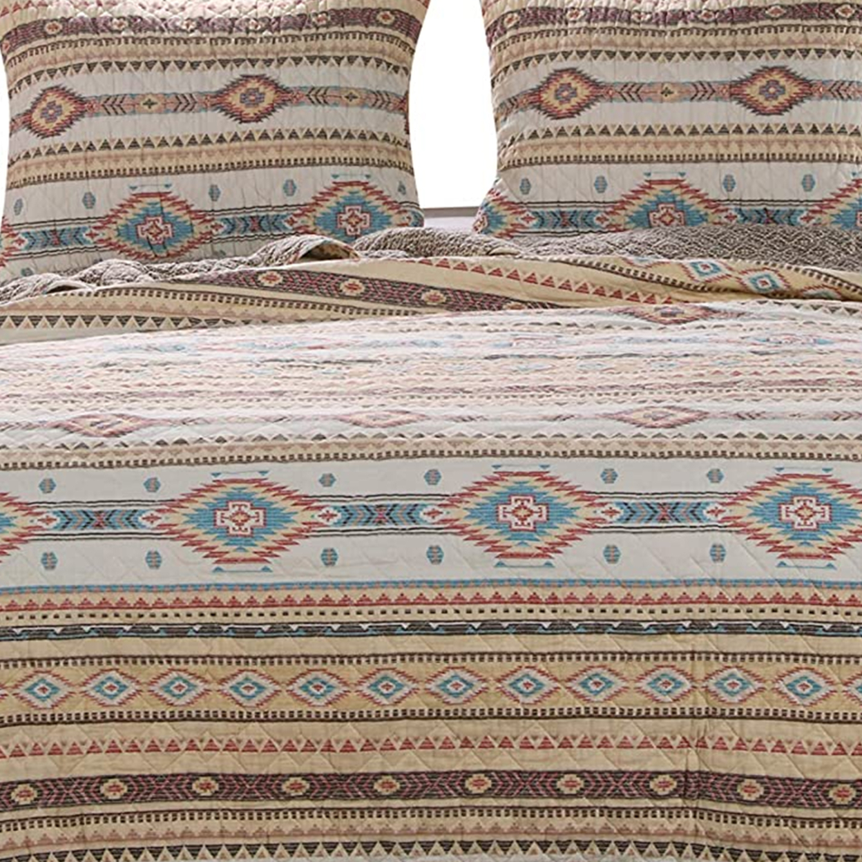 Full Size 3 Piece Polyester Quilt Set With Kilim Pattern, Multicolor- Saltoro Sherpi