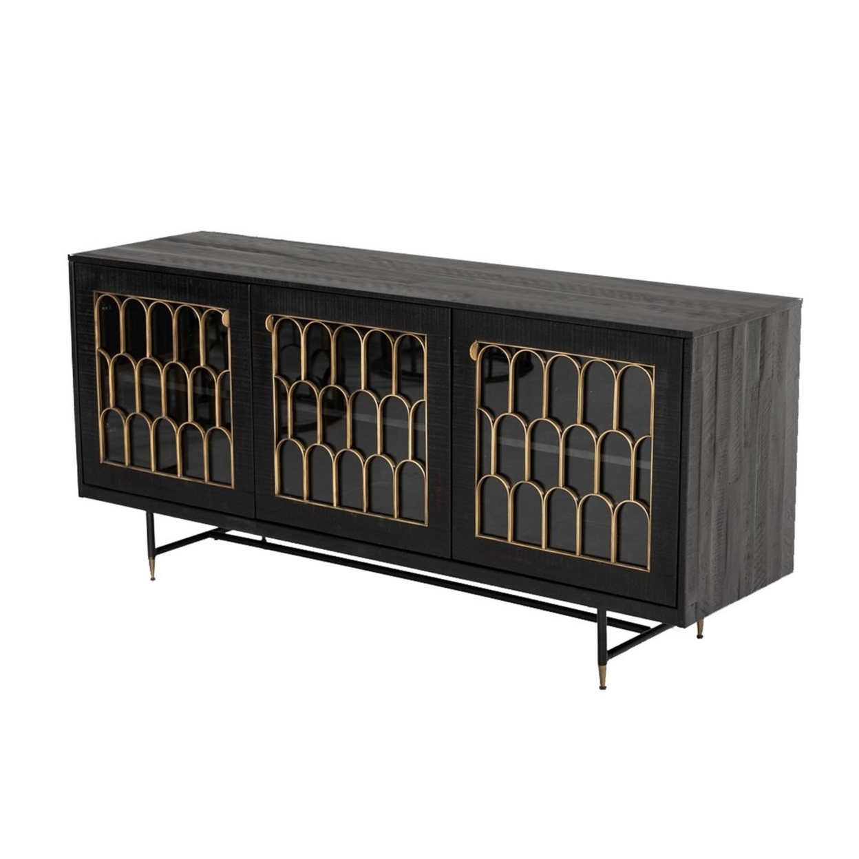 3 Door Storage Buffet With Glass Front And Arch Design, Black And Brass- Saltoro Sherpi