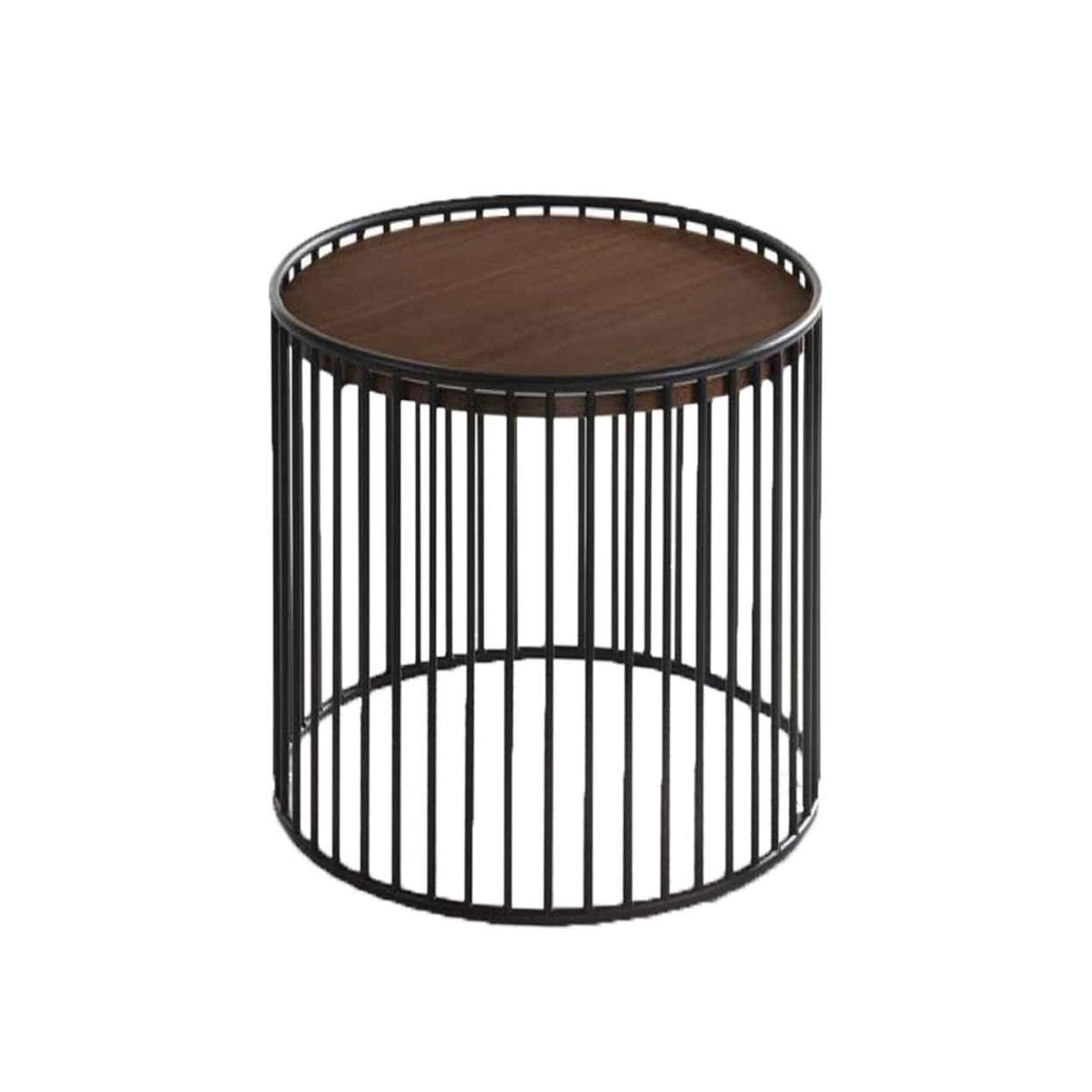Circular Cage Shaped Metal Frame End Table With Wood Top, Brown And Black- Saltoro Sherpi