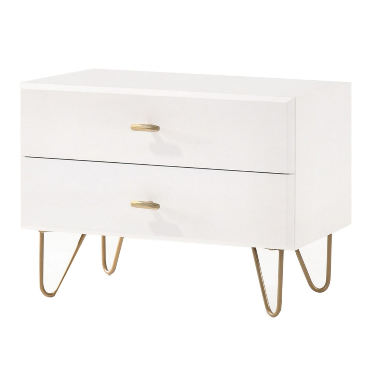 2 Drawer Wooden Nightstand With Metal Pulls And Hairpin Legs,White And Gold- Saltoro Sherpi