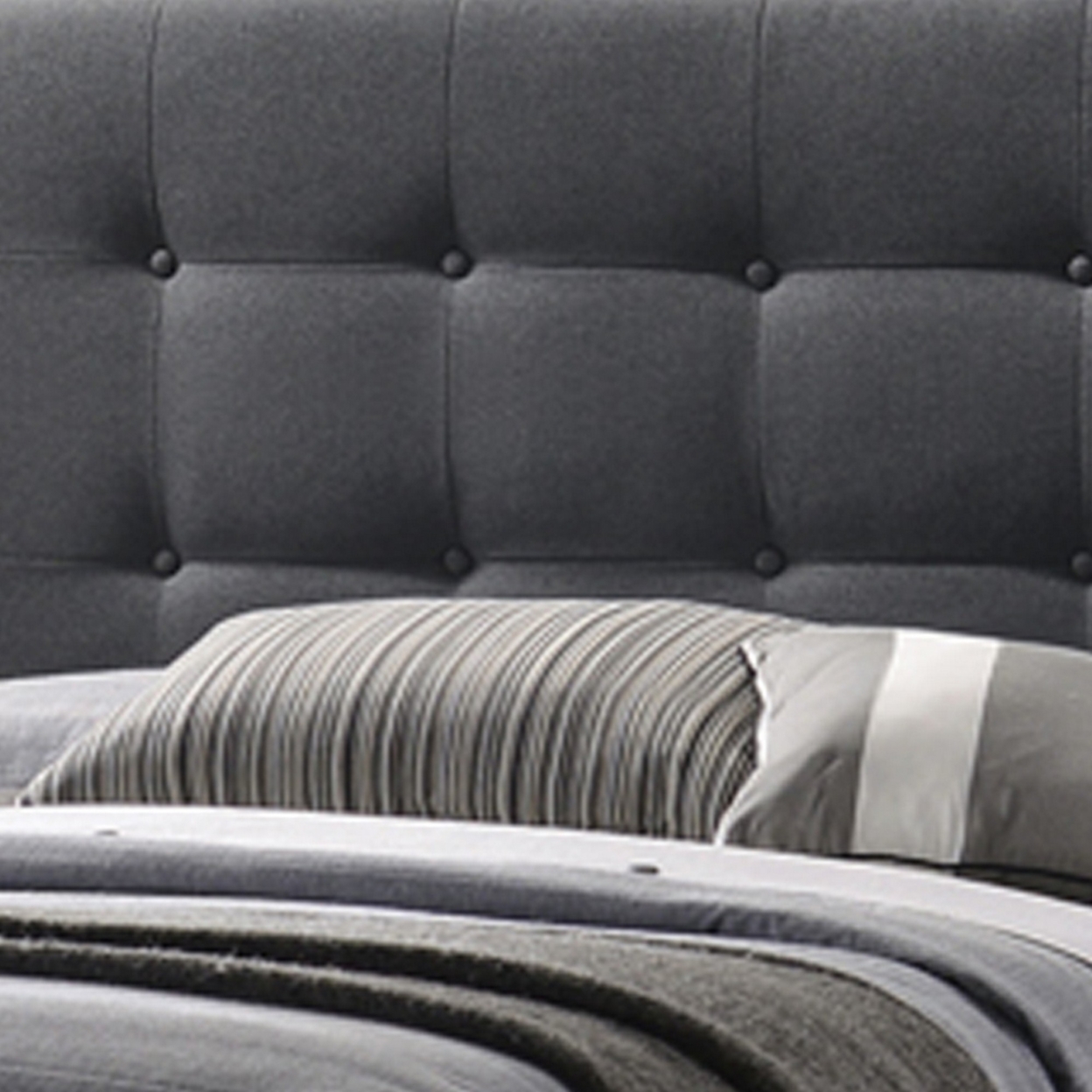 Queen Size Bed With Square Button Tufted Headboard, Dark Gray- Saltoro Sherpi