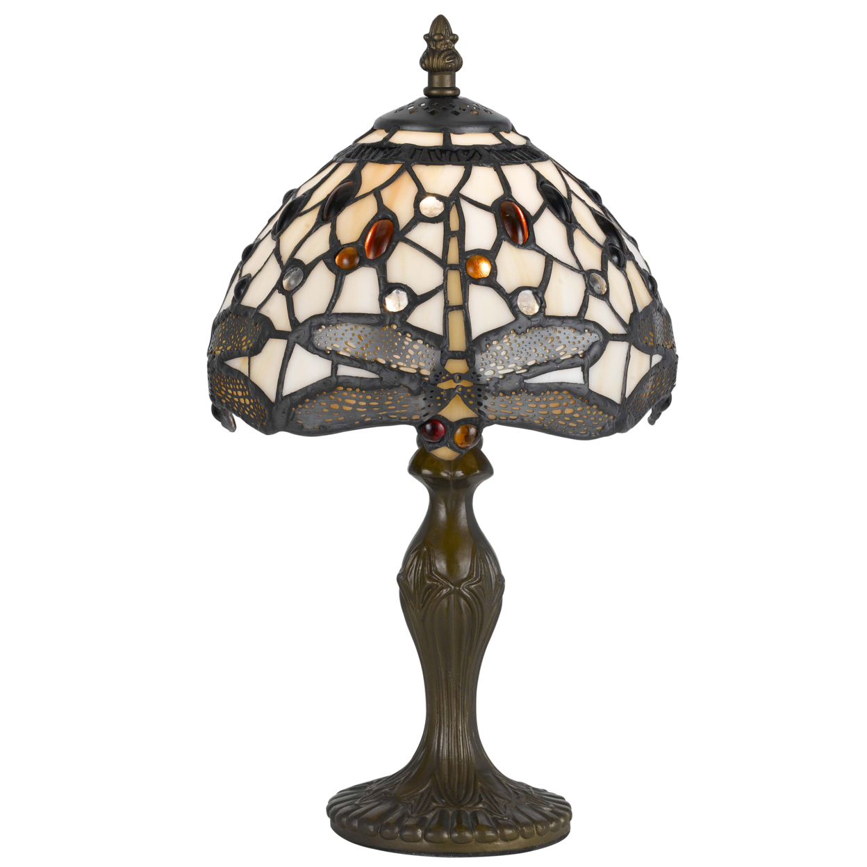 Metal Body Tiffany Table Lamp With Dragonfly Design Shade, Multicolor- Saltoro Sherpi
