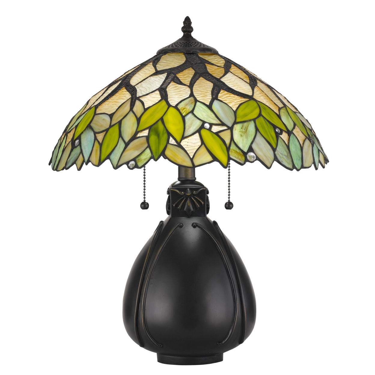 2 Bulb Tiffany Table Lamp With Leaf Design Glass Shade, Multicolor- Saltoro Sherpi