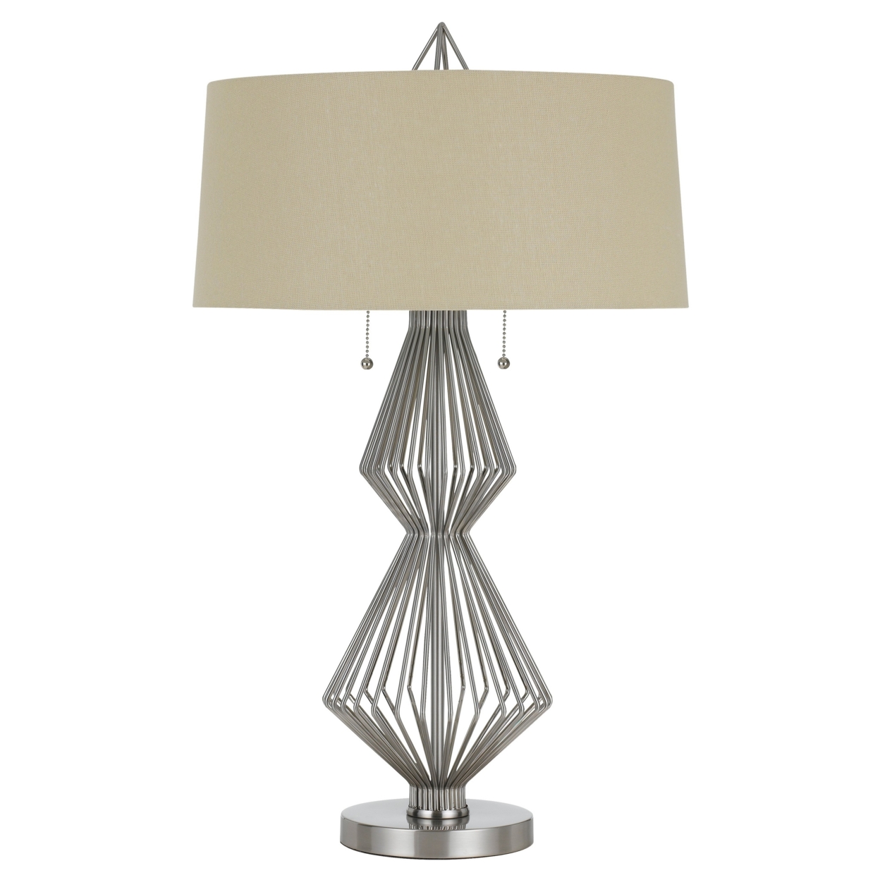 Geometric Body Metal Table Lamp With Fabric Drum Shade, Silver And Beige- Saltoro Sherpi