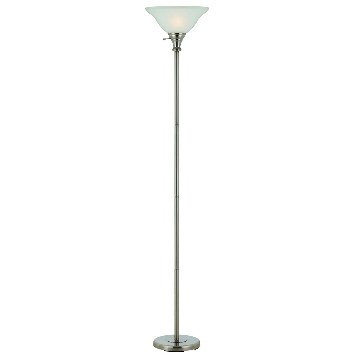 Metal Round 3 Way Torchiere Lamp With Frosted Glass Shade, Silver And White- Saltoro Sherpi