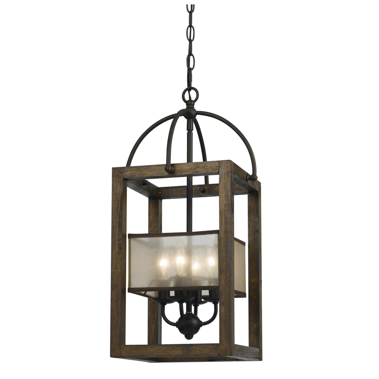 4 Bulb Chandelier With Wooden Frame And Organza Striped Shade, Brown- Saltoro Sherpi