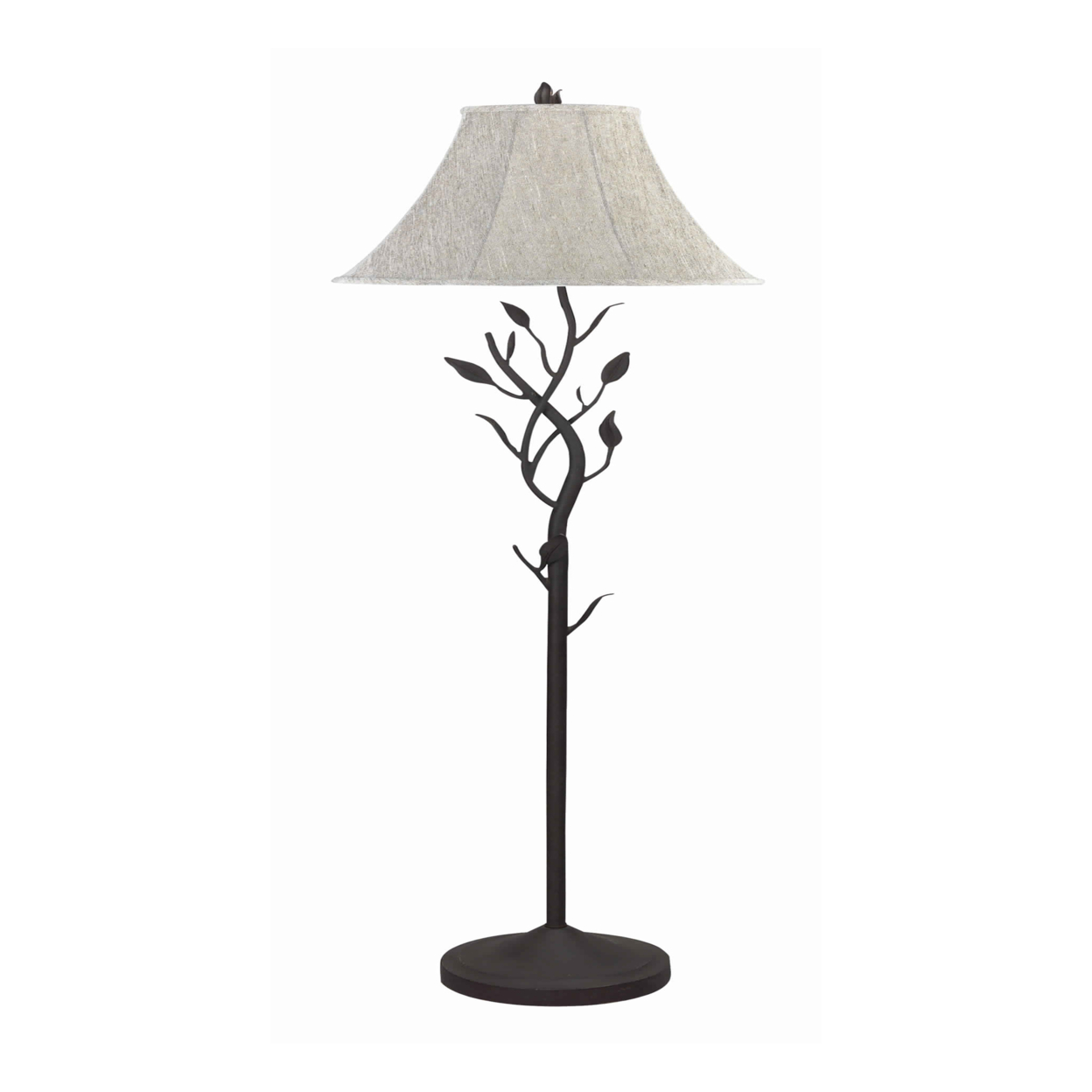 Metal Floor Lamp With Leaf Accent Body And Fabric Bell Shade,Black And Gray- Saltoro Sherpi