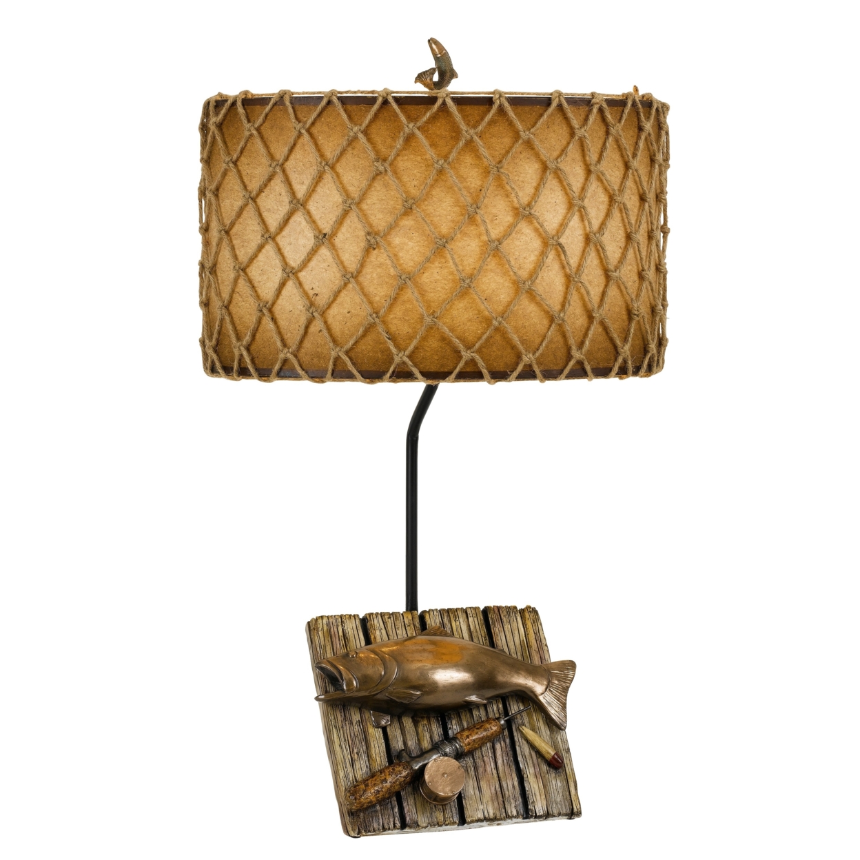 Fishing Theme Resin Table Lamp With Net Accent Paper Drum Shade, Beige- Saltoro Sherpi