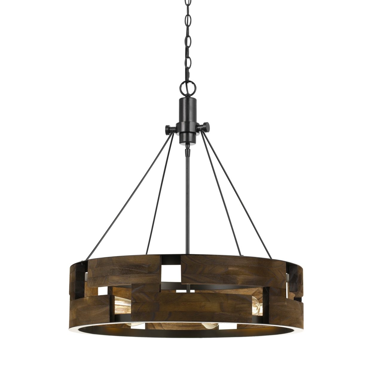 6 Bulb Round Wooden Frame Chandelier With Geometric Cut Our Design, Brown- Saltoro Sherpi