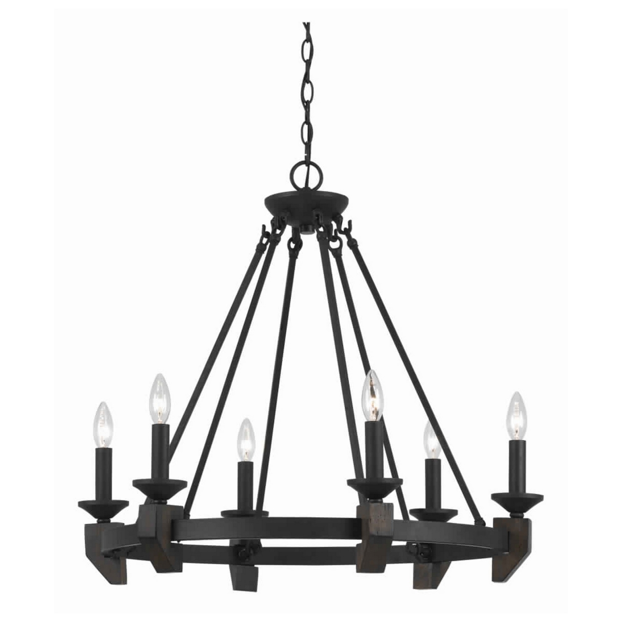 6 Bulb Metal Frame Wagon Wheel Candle Chandelier With Wooden Accents, Black- Saltoro Sherpi