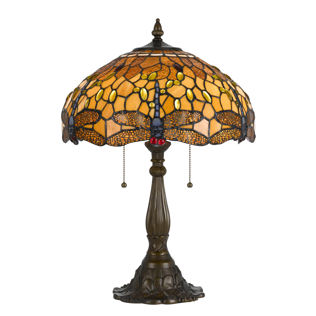 2 Bulb Tiffany Table Lamp With Dragonfly Design Shade, Multicolor- Saltoro Sherpi