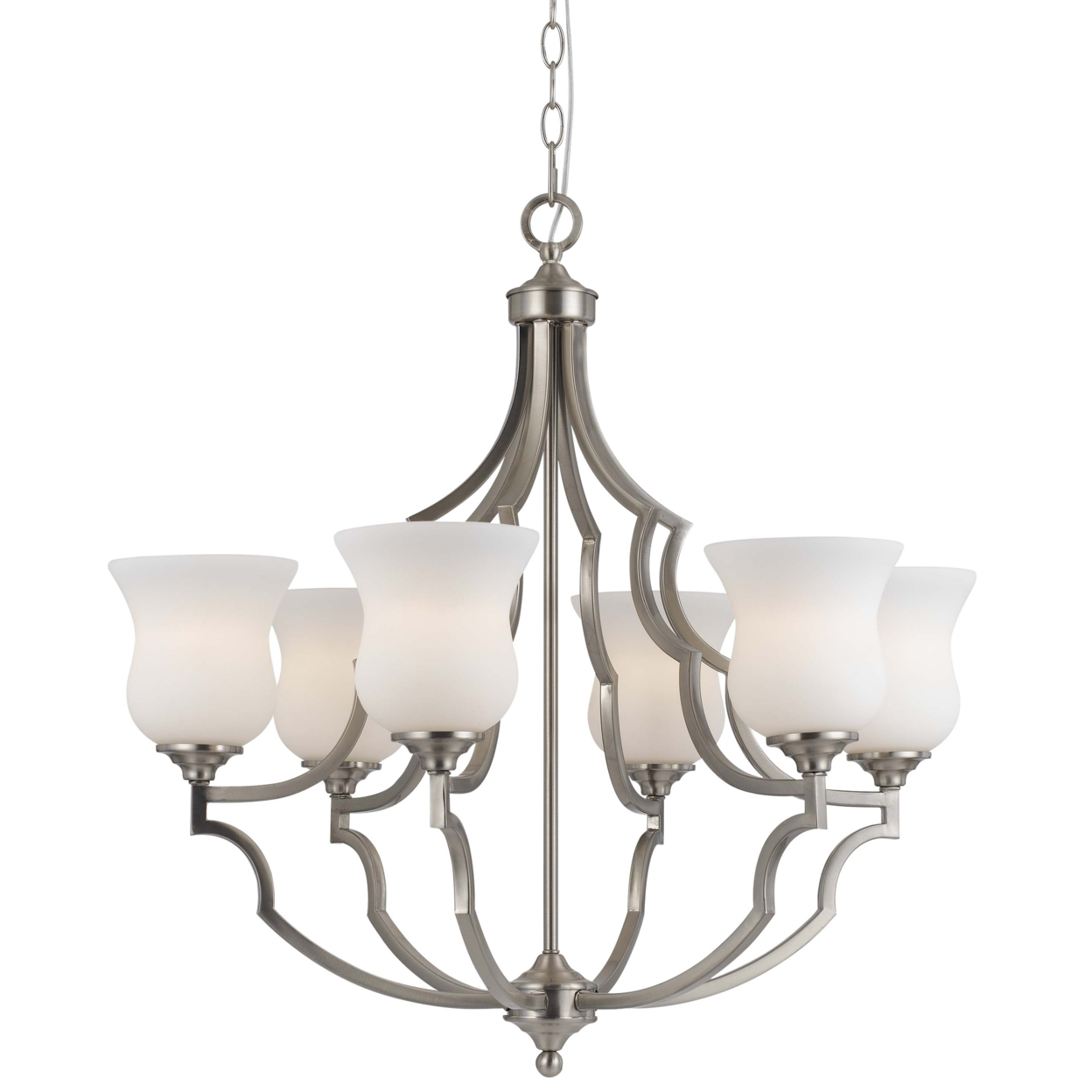 6 Bulb Uplight Chandelier With Metal Frame And Glass Shades,Silver And White- Saltoro Sherpi