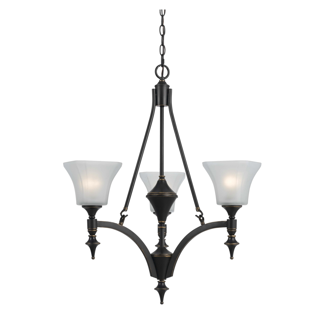 3 Bulb Chandelier With Glass Shade And Metal Frame, Black And White- Saltoro Sherpi