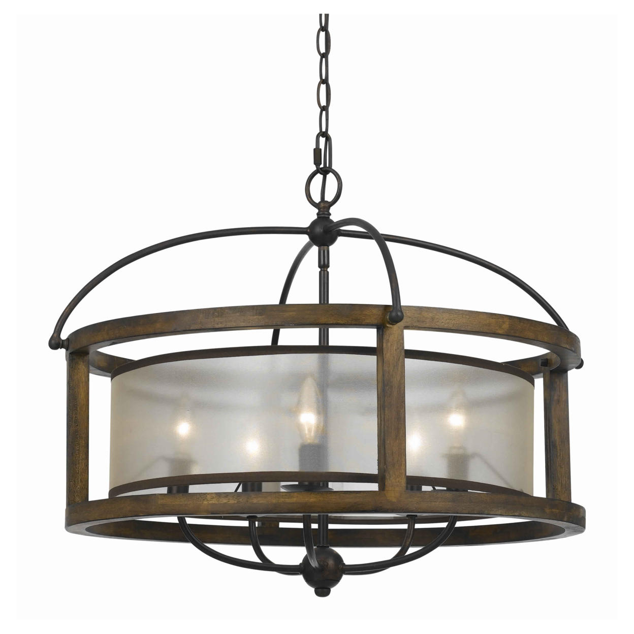 5 Bulb Round Chandelier With Wooden Frame And Organza Striped Shade, Brown- Saltoro Sherpi