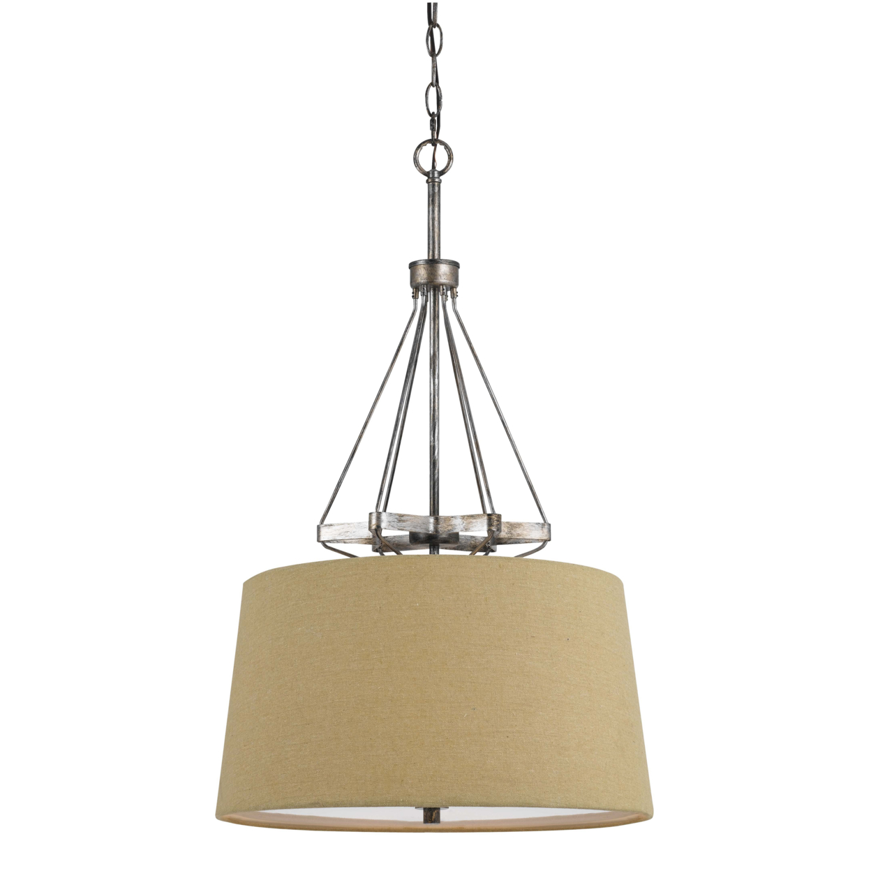 3 Bulb Pendent With Round Burlap Shade And Metal Frame, Beige- Saltoro Sherpi