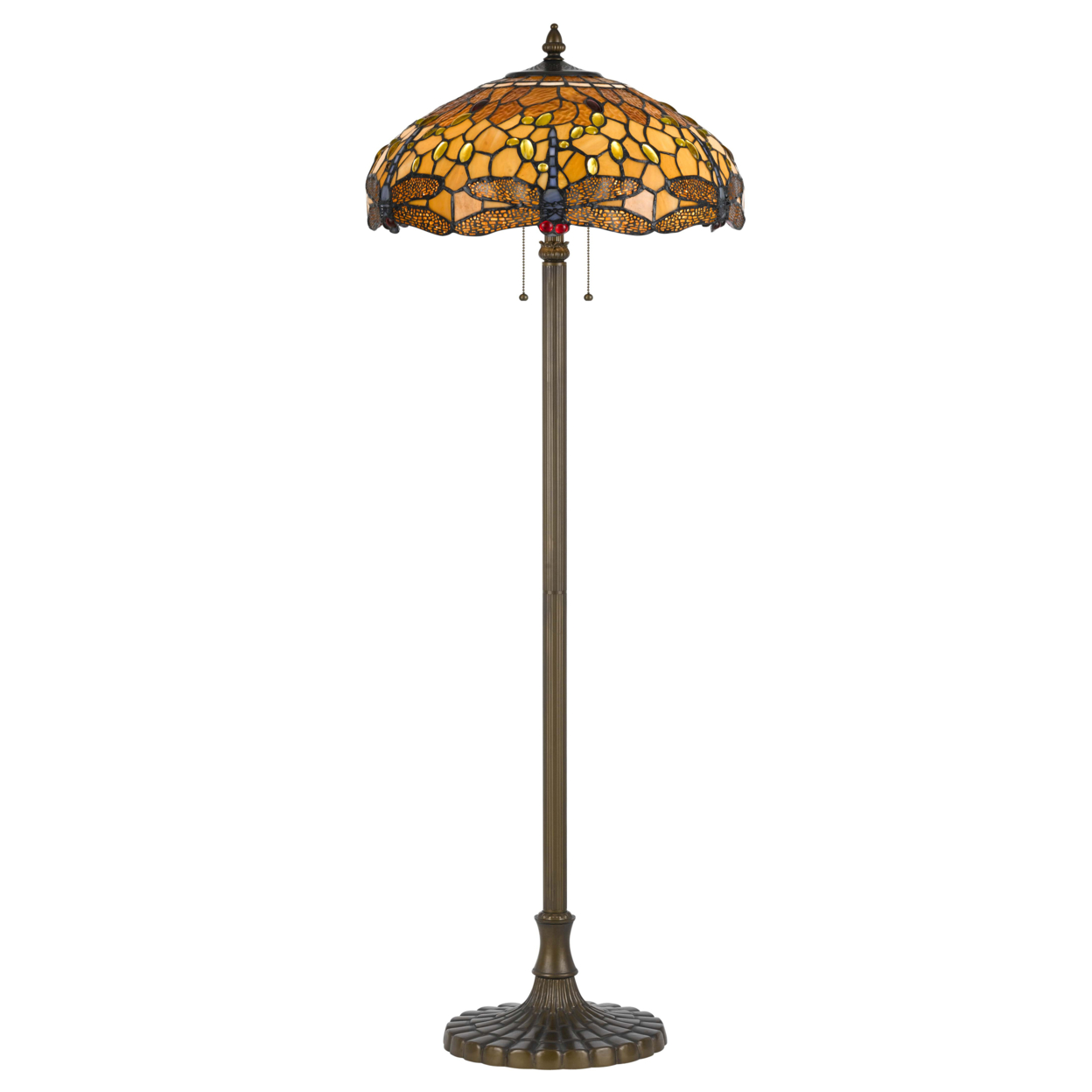 2 Bulb Tiffany Floor Lamp With Dragonfly Design Shade, Multicolor- Saltoro Sherpi