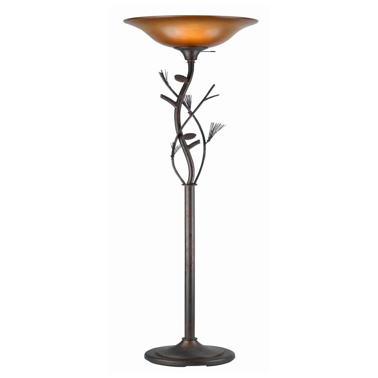 3 Way Glass Shade Torchiere Lamp With Pine And Twig Accents, Bronze- Saltoro Sherpi