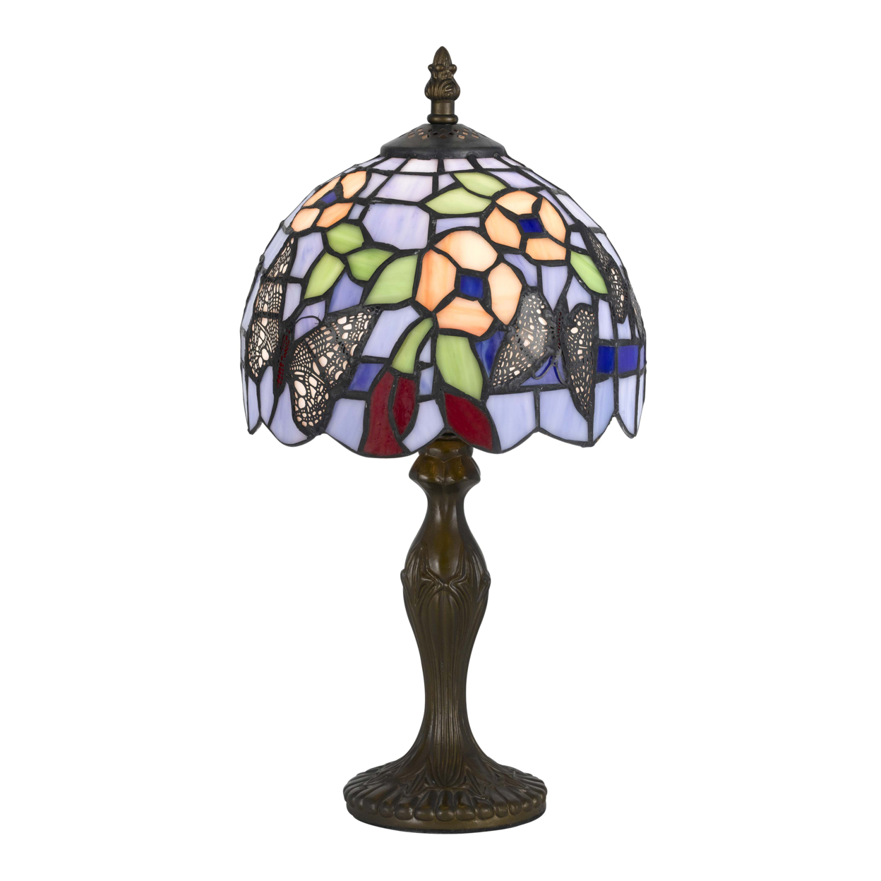 Metal Body Tiffany Table Lamp With Butterfly Design Shade, Multicolor- Saltoro Sherpi