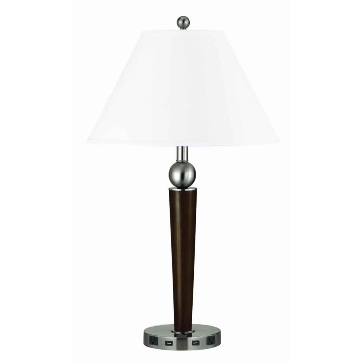 Fabric Shade Table Lamp With Metal Base And Ball Accent, White And Brown- Saltoro Sherpi