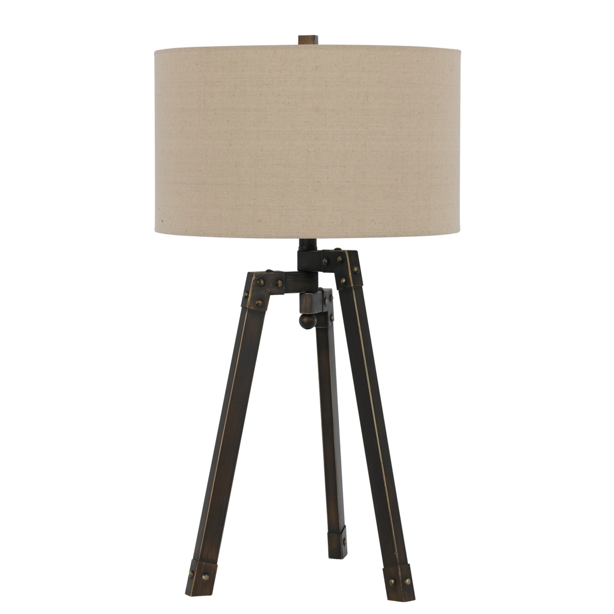 Metal Tripod Base Table Lamp With Fabric Drum Shade, Bronze And Beige- Saltoro Sherpi