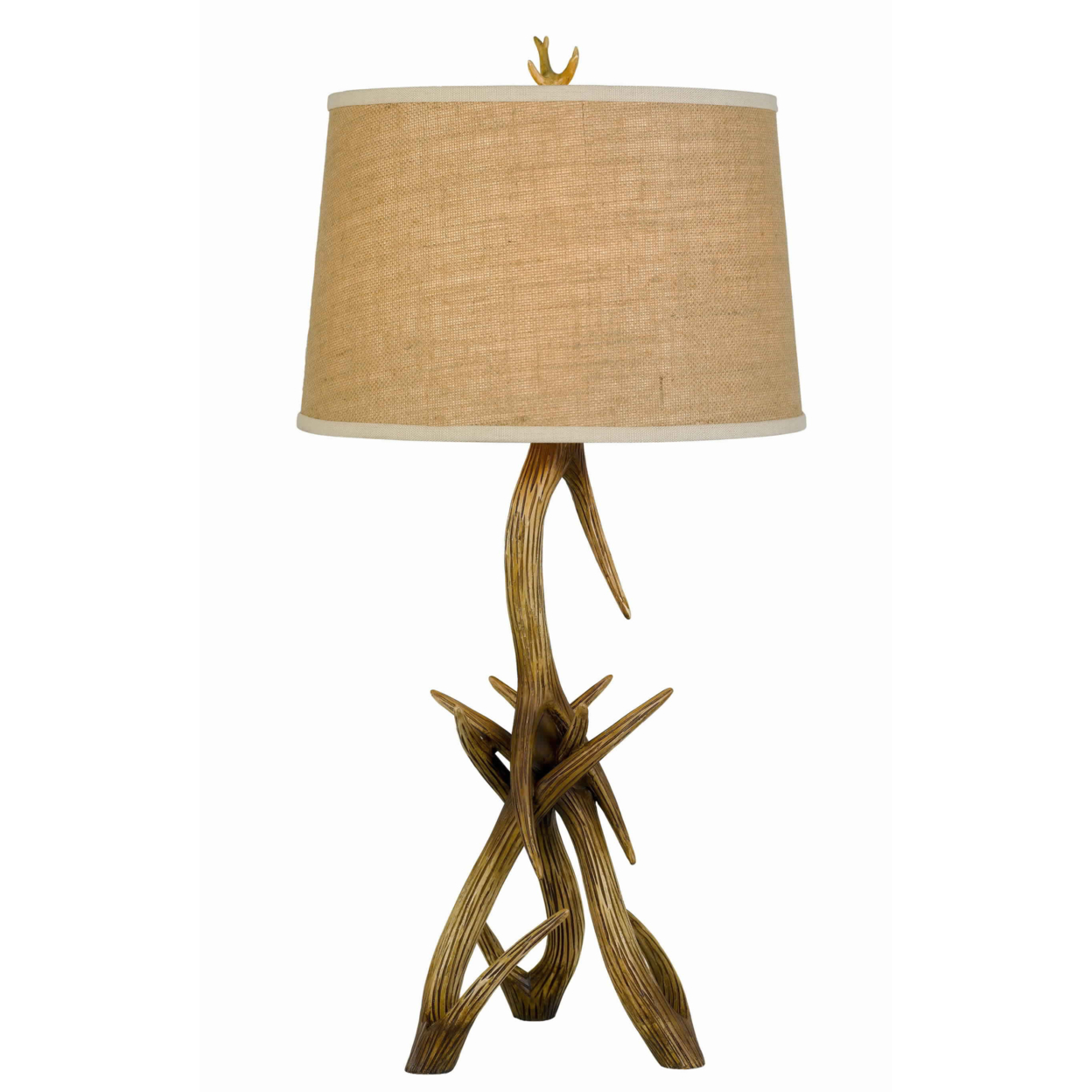Textured Fabric Shade Table Lamp With Antler Design Base, Beige And Brown- Saltoro Sherpi