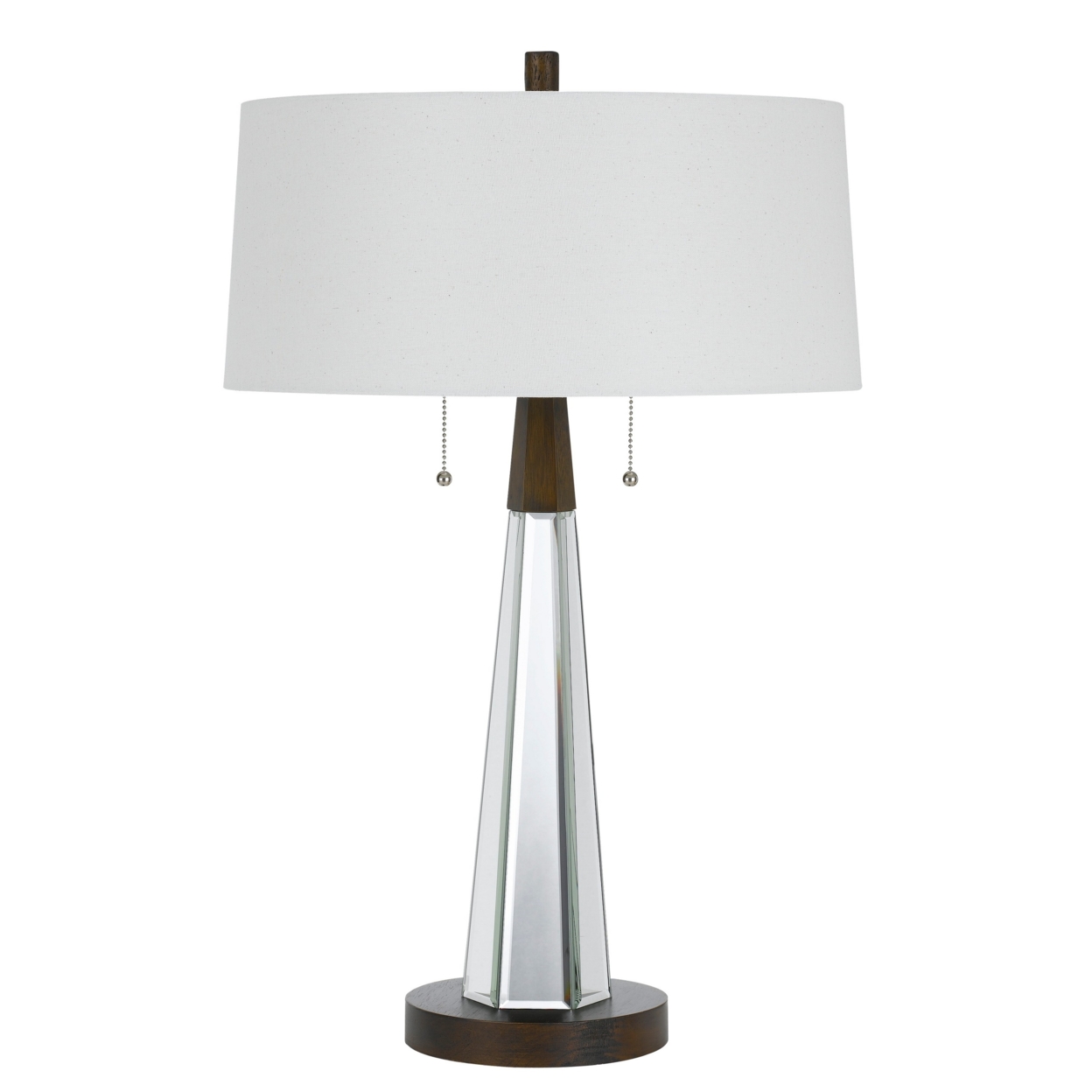 Fabric Shade Table Lamp With Faceted Mirror And Wooden Base, White- Saltoro Sherpi