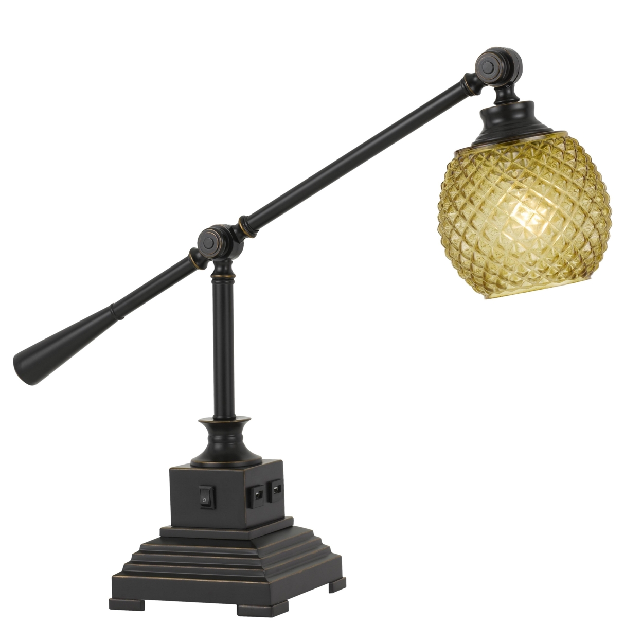 Glass Shade Metal Desk Lamp With 2 USB Outlets, Dark Bronze And Gold- Saltoro Sherpi