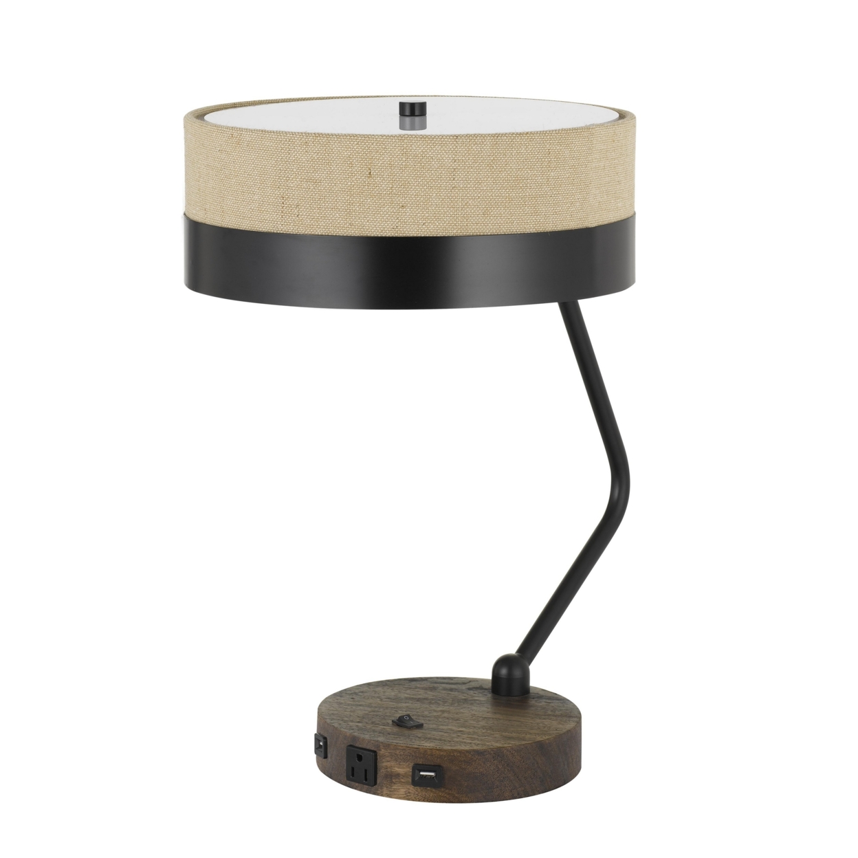 Metal Lined Fabric Shade Desk Lamp With Wooden Base, Beige And Black- Saltoro Sherpi