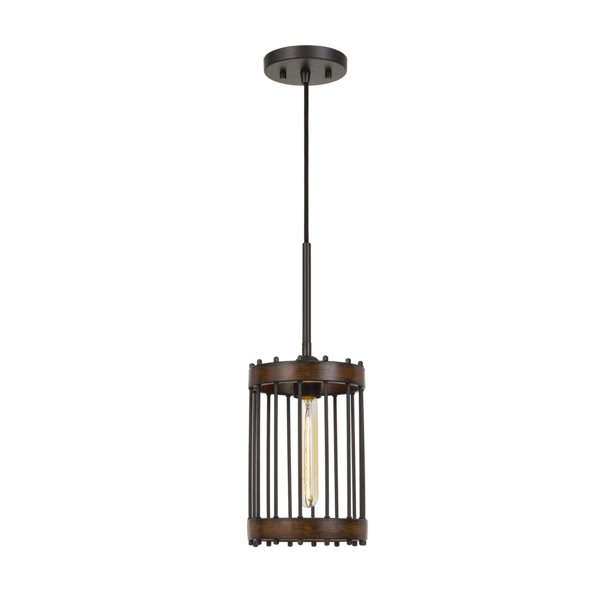 Caged Cylinder Design Metal Pendant Fixture With Canopy, Black And Brown- Saltoro Sherpi