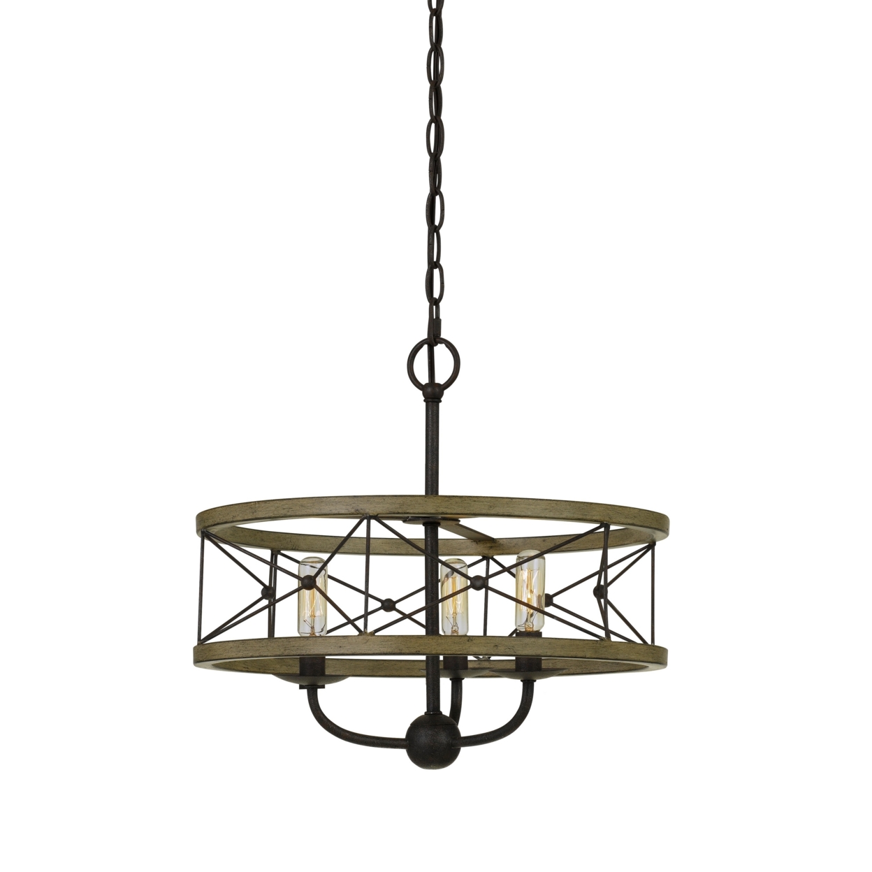 3 Bulb Hanging Pendant Fixture With Wooden And Metal Frame, Brown And Black- Saltoro Sherpi