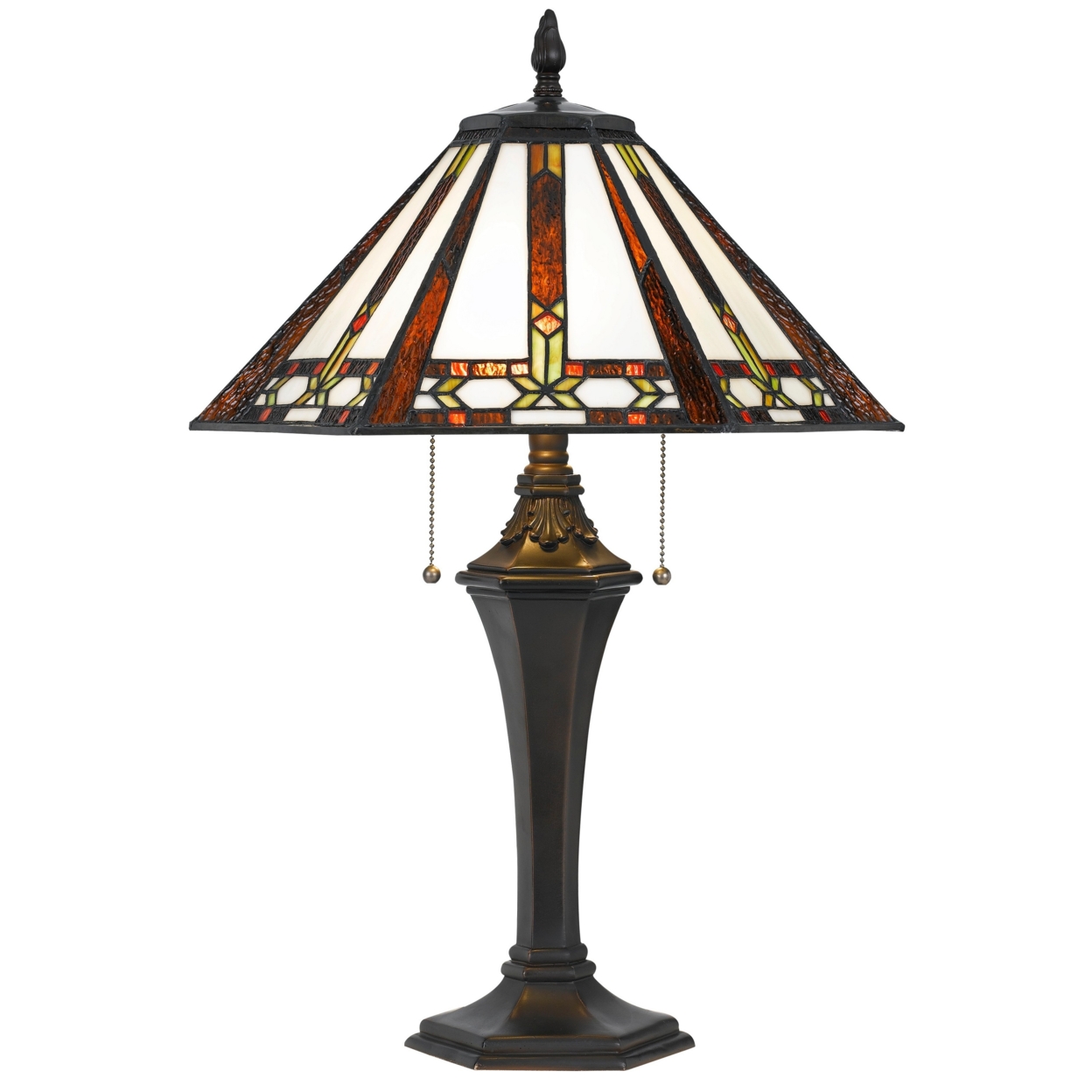 Tiffany Table Lamp With 2 Pull Switches And Resin Pedestal Body, Bronze- Saltoro Sherpi