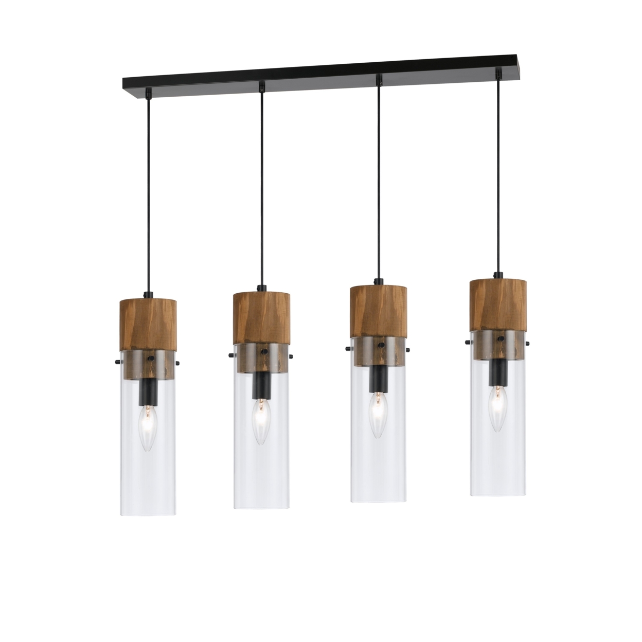 60 X 4 Watt Wood And Metal Fixture With Cylindrical Shades, Brown And Black- Saltoro Sherpi