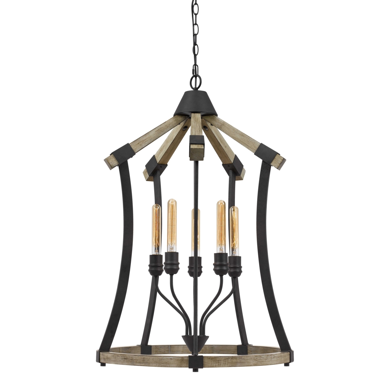 5 Bulb Pendant Fixture With Wooden And Metal Frame, Brown And Black- Saltoro Sherpi