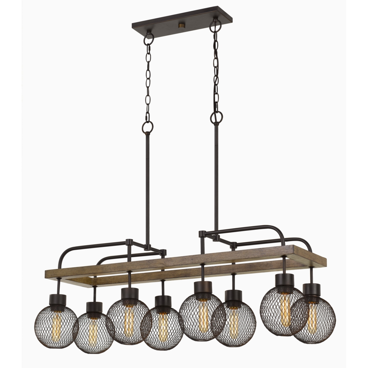 8 Bulb Chandelier With Wooden Frame And Metal Orb Shades, Brown And Black- Saltoro Sherpi