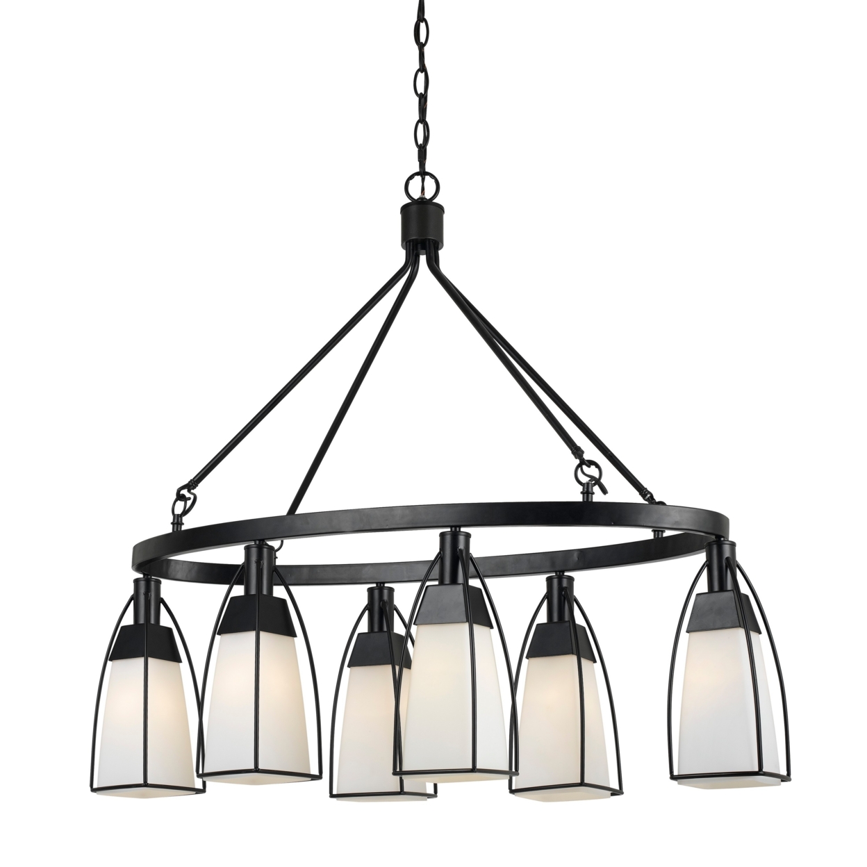 6 Bulb Oval Metal Frame Chandelier With Glass Shades, Black And White- Saltoro Sherpi