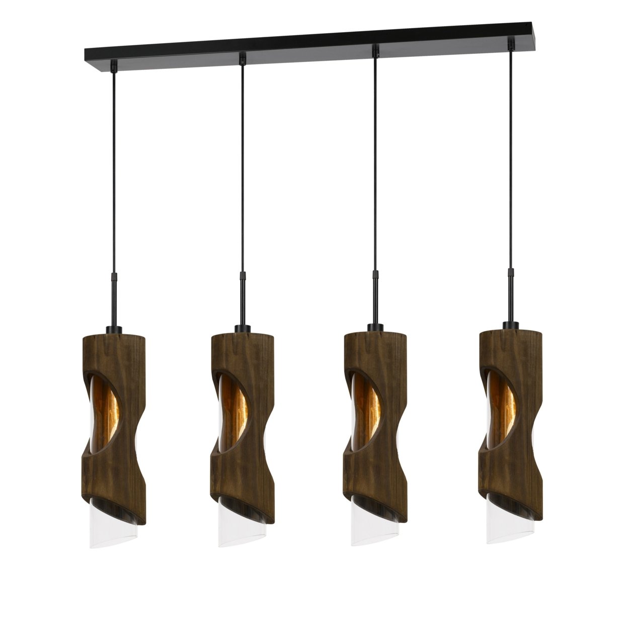 4 Light Metal Frame Pendant Fixture With Wooden And Glass Shades, Brown- Saltoro Sherpi