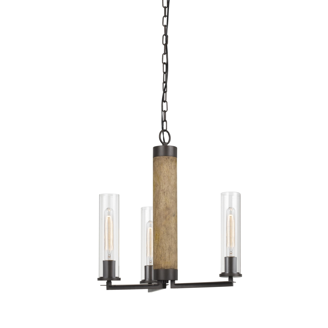 3 Glass Shade Metal And Wooden Chandelier With Chain, Black And Clear- Saltoro Sherpi