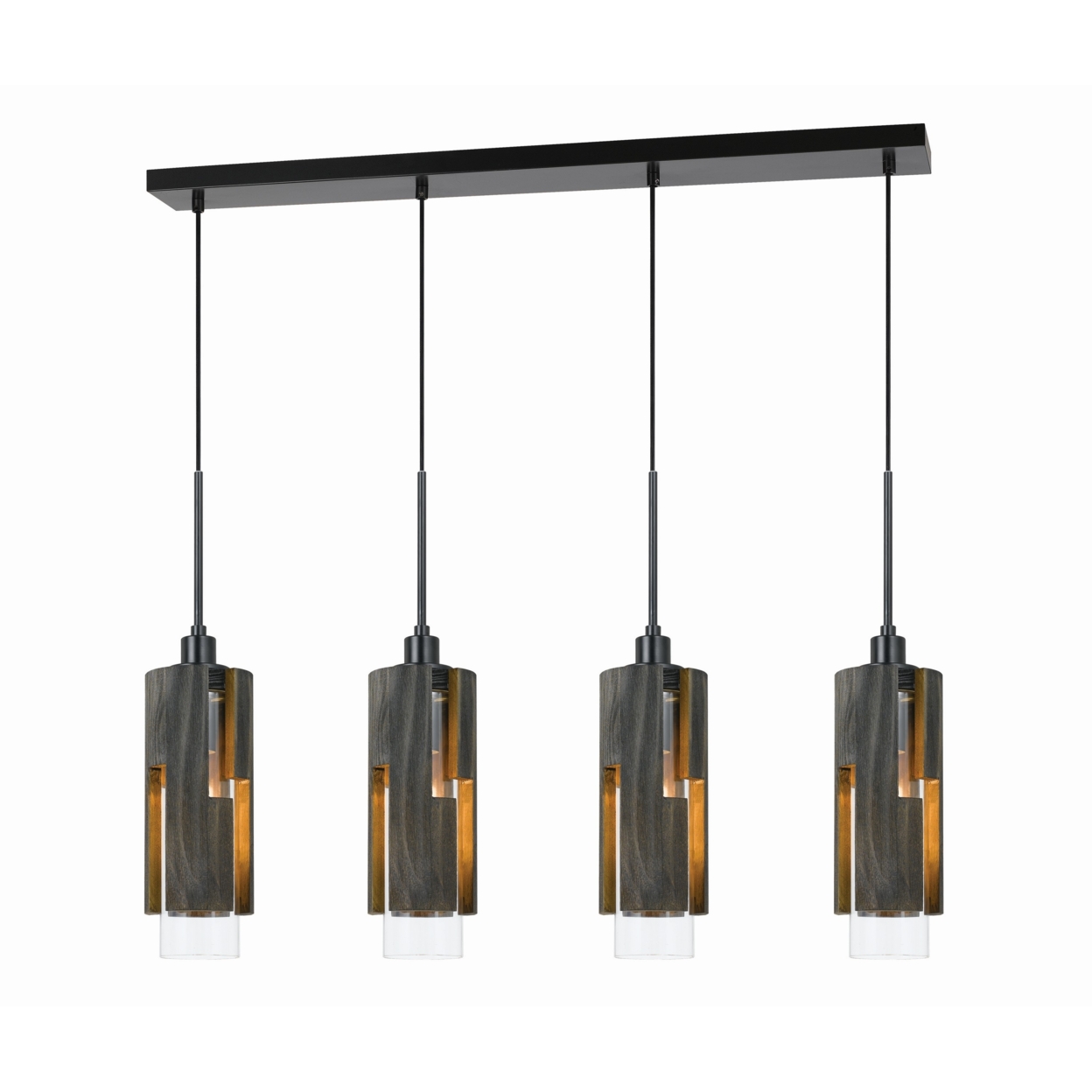 4 Light Metal Frame Pendant Fixture With Wooden And Glass Shades, Gray- Saltoro Sherpi